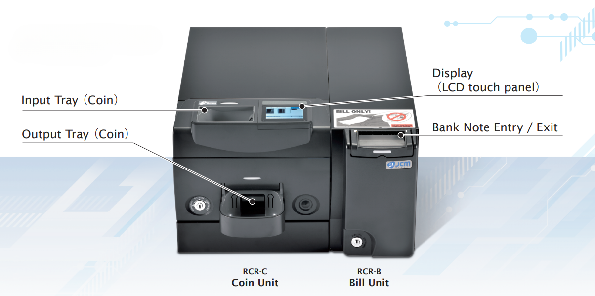 Configuration diagram of the Retail Cash Recycler RCR, showing RCR-C Coin Unit and RCR-B Bill Unit with labeled input/output trays, bank note entry, and LCD touch panel