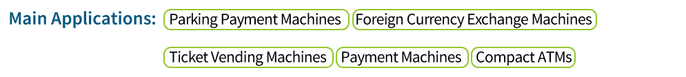 Main applications of the JCM F53 Dispenser Unit, including parking payment machines, foreign currency exchange machines, ticket vending machines, payment machines, and compact ATMs.