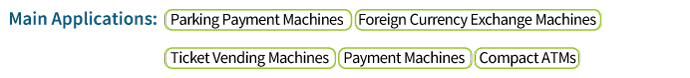 Main applications of the JCM F53 Dispenser Unit, including parking payment machines, foreign currency exchange machines, ticket vending machines, payment machines, and compact ATMs.