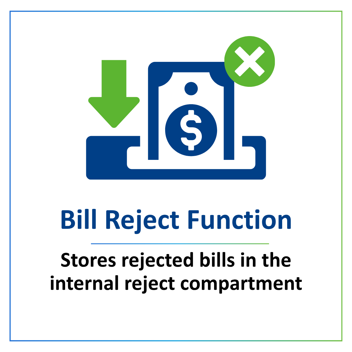 Bill Reject Function for the JCM F53 Dispenser Unit, storing rejected bills in the internal reject compartment