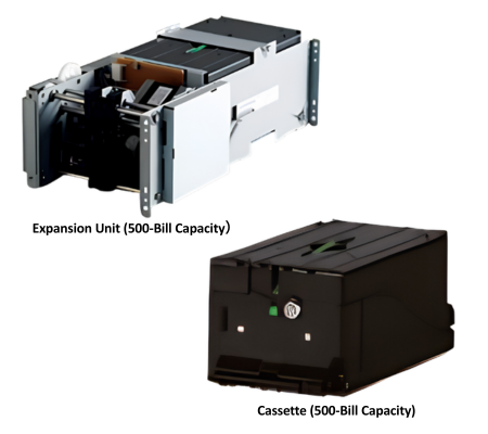 Expansion units and cassette options for the JCM F56 Dispenser Unit, including 500-bill and 1,000-bill expansion units and a 500-bill cassette for flexible storage capacity.