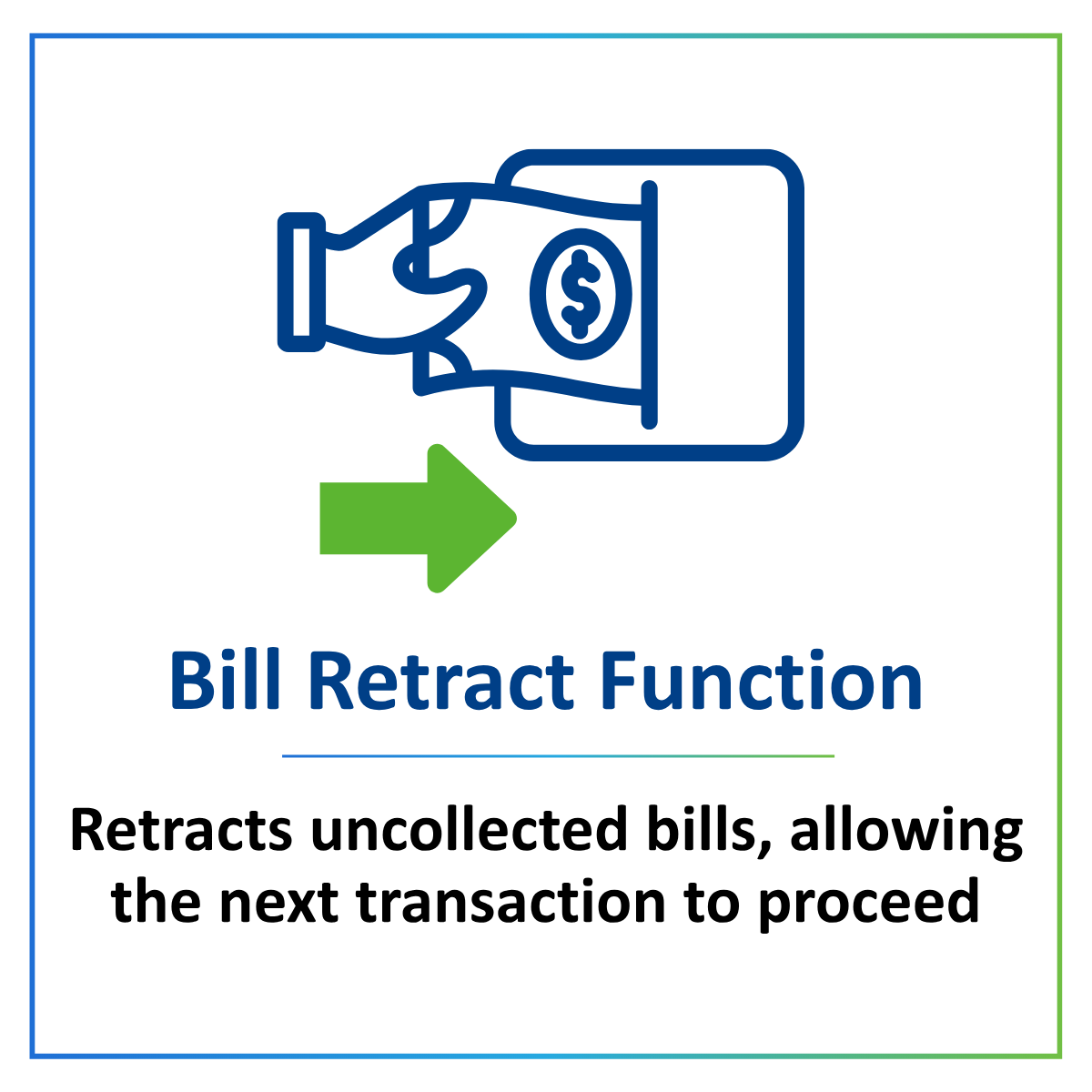 Bill Retract Function for the JCM F56 Dispenser Unit, retracting uncollected bills to allow the next transaction to proceed.