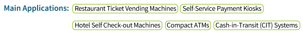 Main applications of the JCM GSR50 Bill Recycling Unit, including restaurant ticket vending machines, self-service payment kiosks, hotel self check-out machines, compact ATMs, and cash-in-transit (CIT) systems.