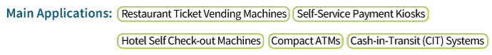 Main applications of the JCM GSR50 Bill Recycling Unit, including restaurant ticket vending machines, self-service payment kiosks, hotel self check-out machines, compact ATMs, and cash-in-transit (CIT) systems.