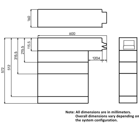 Dimensional drawing of the JCM GSR50 Bill Recycling Unit, showing its compact footprint of 160 mm × 600 mm and vertically expandable modular design.