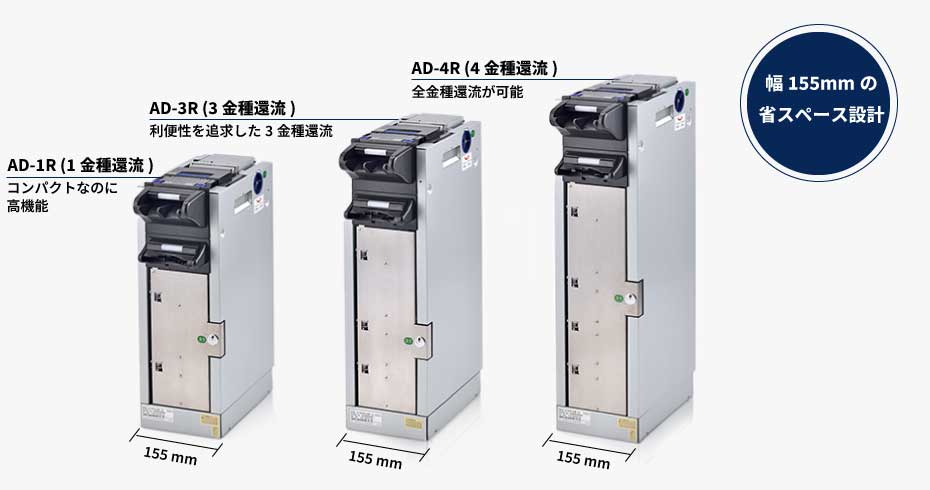 紙幣還流装置 AD-XRシリーズの製品比較ビジュアル。左から1金種対応のAD-1R、3金種対応のAD-3R、4金種対応のAD-4Rを並べて紹介。全モデル幅155mmの省スペース設計。