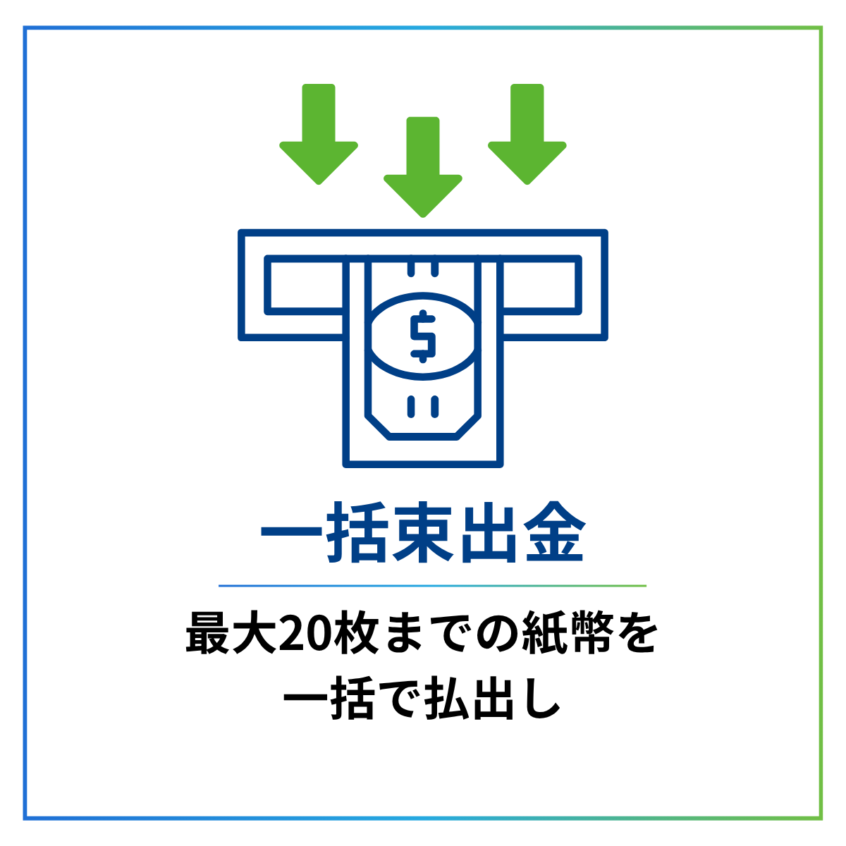 ディスペンサーユニットF56の一括束出金オプション。最大20枚の紙幣を一括で払い出し、スムーズな現金受け渡しを実現