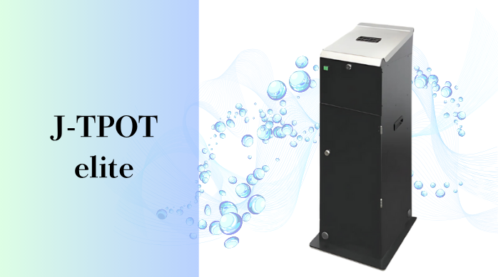 J-TPOT elite 無水式自動消火灰皿の製品画像:水を使わず廃液を出さない構造を清らかな水の背景で表現した環境配慮型灰皿のビジュアル